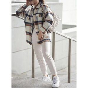 Zara Plaid Wool Blend Jacket With Gold Buttons In Cream Brown And Blue Size S